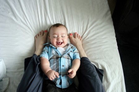 Miles - 9 Month baby photos - Getting tickled by mommy feet and laughing