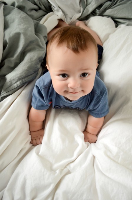 Miles - 9 Month baby photos - Looking up at me while he tries to crawl on the bed