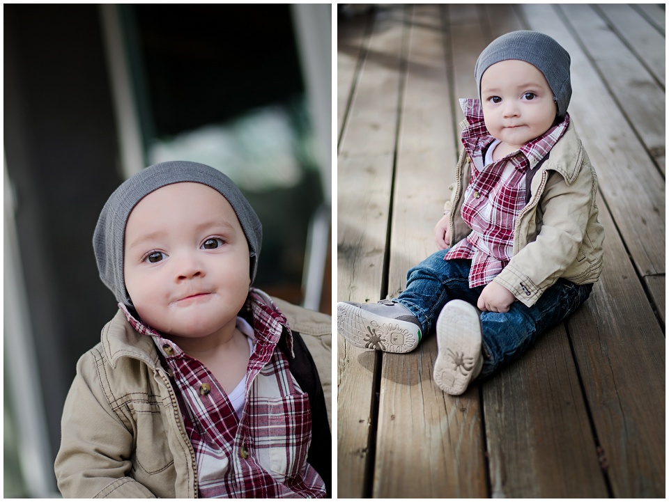 Finn's official 10 month photos - featured image - red plaid shirt, tan jacket, and grey hipster slouchy hat