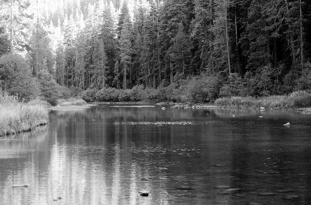 Black and white shot of the Truckee River