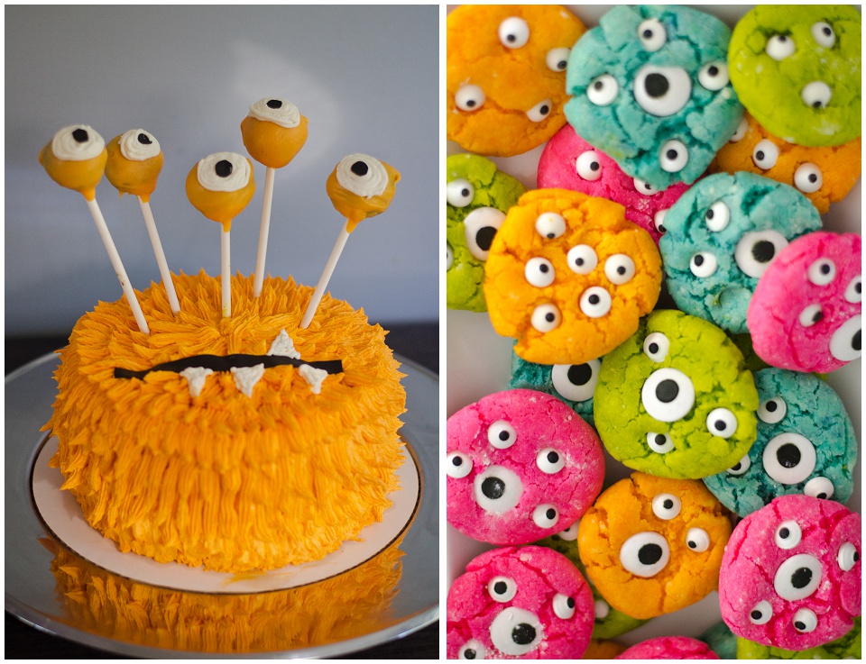 Cute orange monster cake and colorful, neon monster eyeball cookies